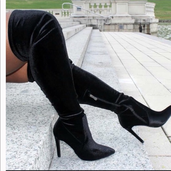 crushed velvet thigh high boots